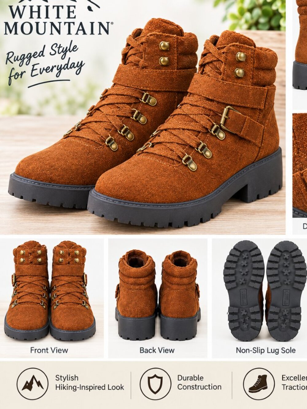 White Mountain Women’s Brown Ankle Boots LaceUp Buckle Side Zip Lug Sole-Sz 9.5M